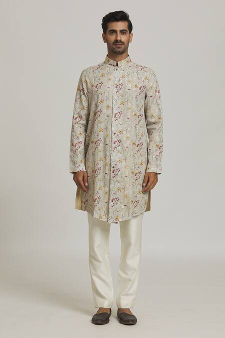 Nero By Shaifali And Satya Ivory Cotton Printed Floral Kurta And Aligadi Pant Set Online at Aza Fashions Nero By Shaifali And Satya_Ivory Cotton Printed Floral Kurta And Aligadi Pant Set_Online_at_Aza_Fashions
