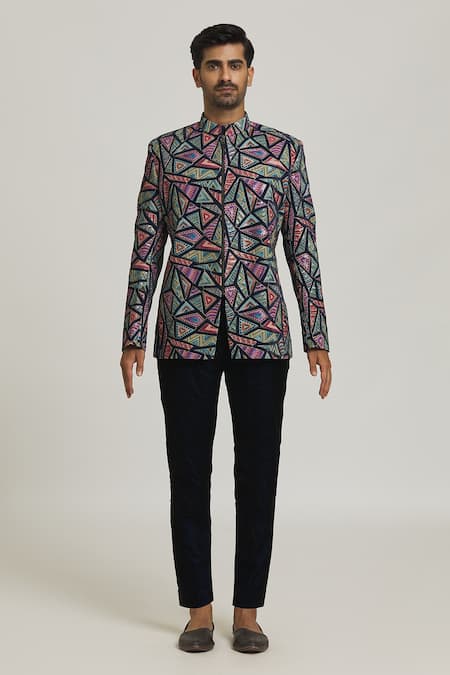 Nero By Shaifali And Satya_Multi Color Suede Multi-textured Jodhpuri Jacket And Pant Set _Online_at_Aza_Fashions