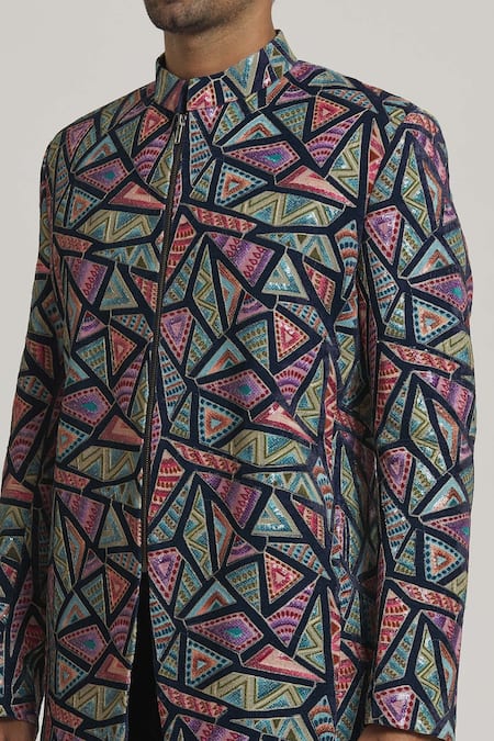 Buy_Nero By Shaifali And Satya_Multi Color Suede Multi-textured Jodhpuri Jacket And Pant Set _Online_at_Aza_Fashions