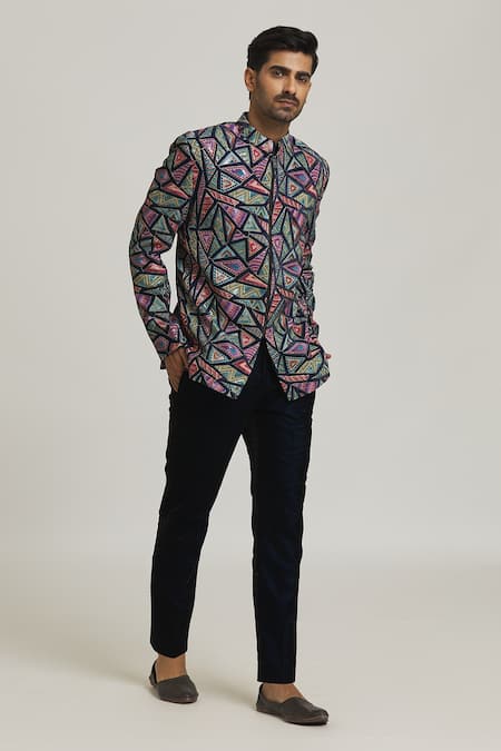 Shop_Nero By Shaifali And Satya_Multi Color Suede Multi-textured Jodhpuri Jacket And Pant Set _Online_at_Aza_Fashions