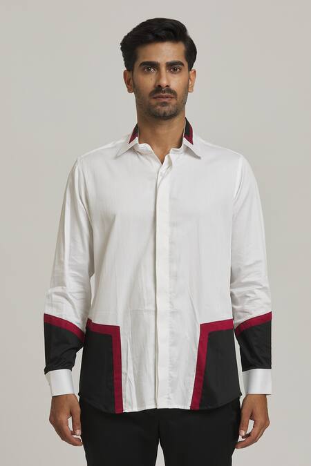 Nero By Shaifali And Satya_White Cotton Plain Color Block Patch Work Shirt_at_Aza_Fashions