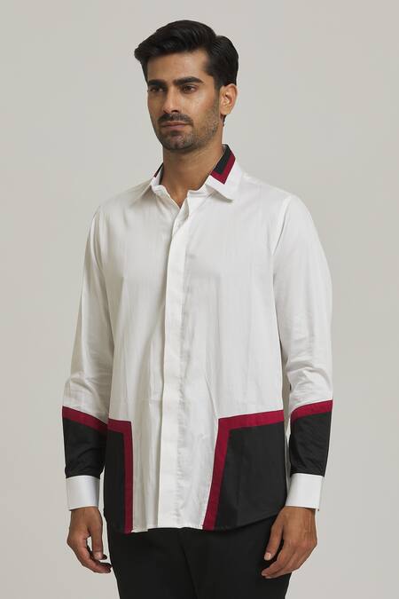 Nero By Shaifali And Satya_White Cotton Plain Color Block Patch Work Shirt_Online_at_Aza_Fashions