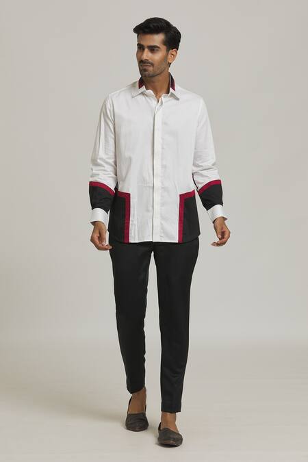 Buy_Nero By Shaifali And Satya_White Cotton Plain Color Block Patch Work Shirt_Online_at_Aza_Fashions