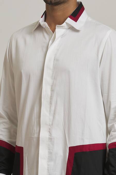 Shop_Nero By Shaifali And Satya_White Cotton Plain Color Block Patch Work Shirt_Online_at_Aza_Fashions