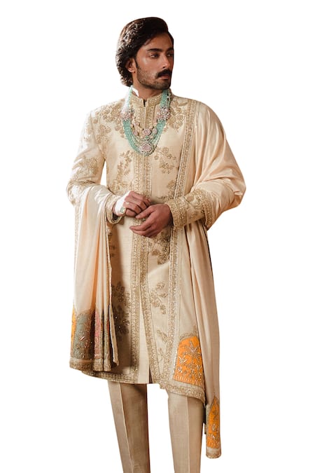 Buy_Masaba_Beige Viscose, Silk Sequins, Beads The Bombay Barfi Sherwani And Pant Set _Online_at_Aza_Fashions