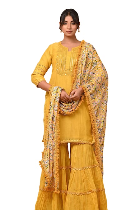 Buy_Gulabik Jaipur_Yellow Chanderi Lace, Embroidery Split V-neck Embellished Kurta And Gharara Set 