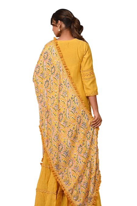 Shop_Gulabik Jaipur_Yellow Chanderi Lace, Embroidery Split V-neck Embellished Kurta And Gharara Set 