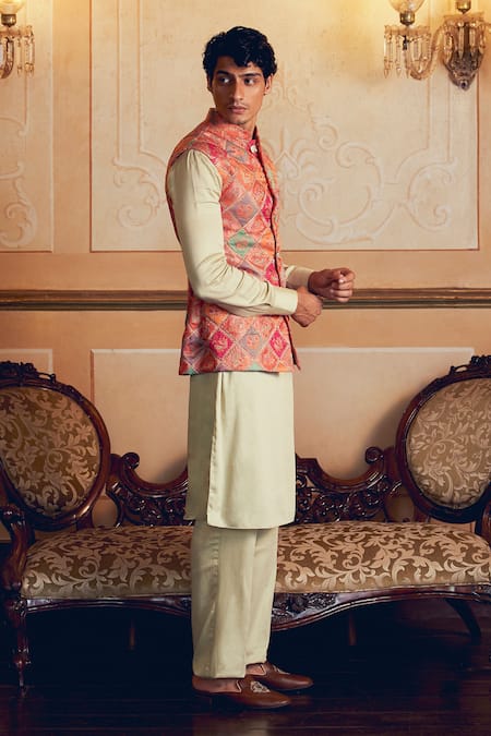 Buy_Aditi Gupta_Multi Color Banarasi Jamawar Zari Quilting Multicolor Quilted Bundi Set _Online_at_Aza_Fashions