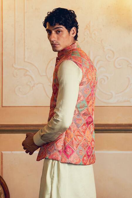 Shop_Aditi Gupta_Multi Color Banarasi Jamawar Zari Quilting Multicolor Quilted Bundi Set _Online_at_Aza_Fashions