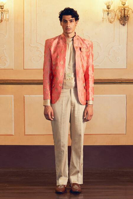 Aditi Gupta_Orange Jacquard Banarasi Floral Quilted Jacket With Short Kurta Set _Online_at_Aza_Fashions