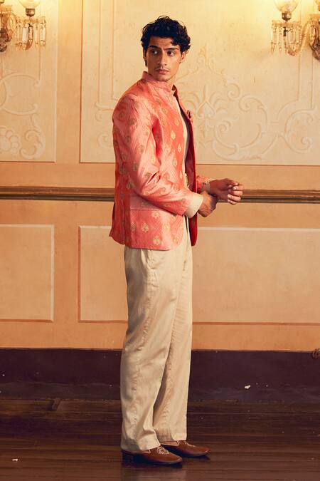 Buy_Aditi Gupta_Orange Jacquard Banarasi Floral Quilted Jacket With Short Kurta Set _Online_at_Aza_Fashions