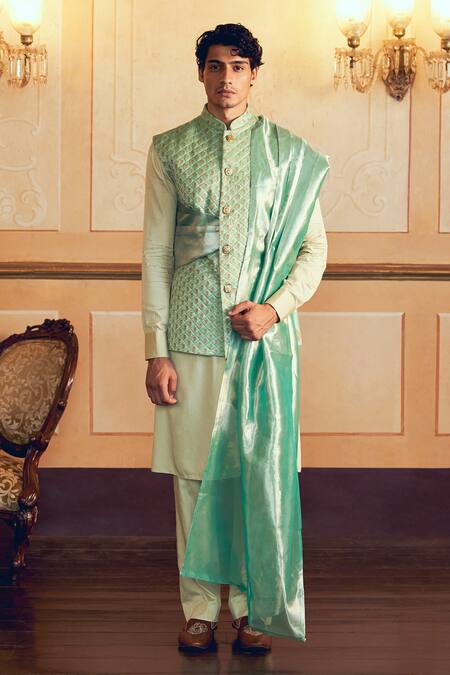 Aditi Gupta_Green Jacquard Banarasi Zari Quilted Mint Bundi Set _Online_at_Aza_Fashions