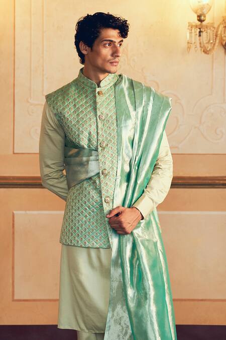 Shop_Aditi Gupta_Green Jacquard Banarasi Zari Quilted Mint Bundi Set _Online_at_Aza_Fashions