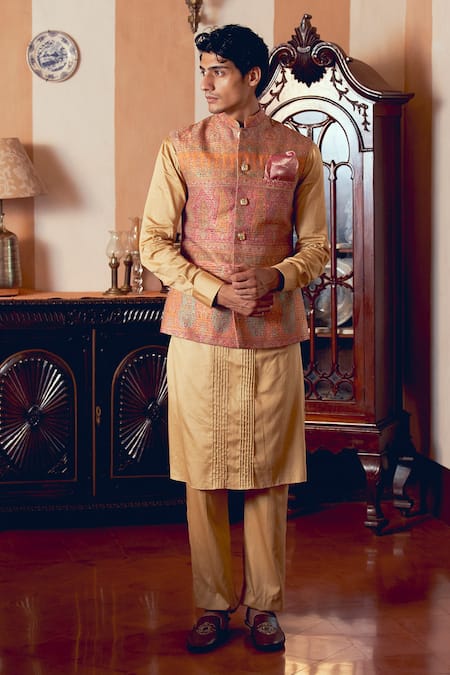 Aditi Gupta_Multi Color Jamawar Quilted Bundi Set _at_Aza_Fashions