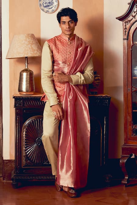 Shop_Aditi Gupta_Orange Jacquard Banarasi Zari Quilted Bundi Set With Dupatta _Online_at_Aza_Fashions