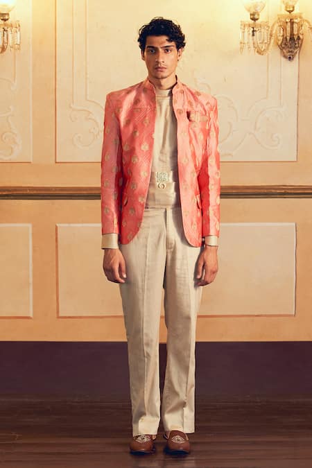 Aditi Gupta_Orange Jacquard Banarasi Floral Zari Quilted Jacket _Online_at_Aza_Fashions