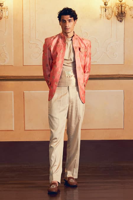 Buy_Aditi Gupta_Orange Jacquard Banarasi Floral Zari Quilted Jacket _Online_at_Aza_Fashions