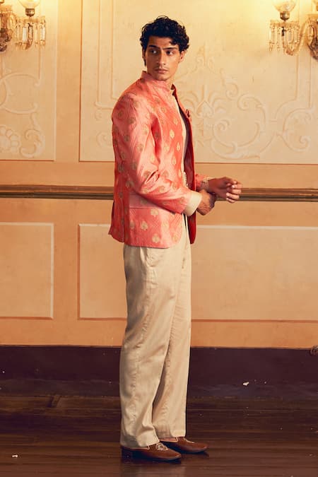 Shop_Aditi Gupta_Orange Jacquard Banarasi Floral Zari Quilted Jacket _Online_at_Aza_Fashions