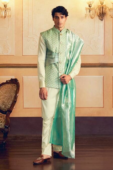 Shop_Aditi Gupta_Green Jacquard Banarasi Floral Mint Quilted Bundi _Online_at_Aza_Fashions