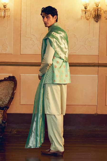 Aditi Gupta_Green Jacquard Banarasi Floral Mint Quilted Bundi _at_Aza_Fashions