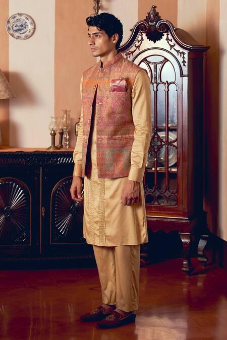 Shop_Aditi Gupta_Multi Color Banarasi Jamawar Ethnic Multicolor Zari Quilted Bundi _Online_at_Aza_Fashions