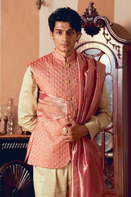 Buy_Aditi Gupta_Orange Jacquard Banarasi Zari Floral Quilted Bundi _Online_at_Aza_Fashions