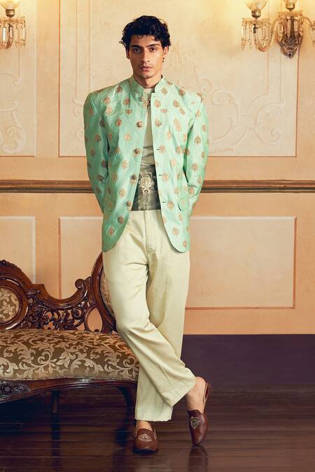 Aditi Gupta_Green Jacquard Banarasi Zari Floral Quilted Nehru Jacket _Online_at_Aza_Fashions