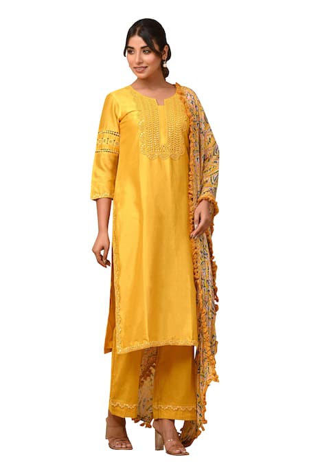 Buy_Gulabik Jaipur_Yellow Chanderi Lace, Embroidery Split Handloom Embellished Kurta And Pant Set _Online_at_Aza_Fashions