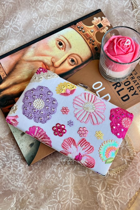 Shop Fuchsia by aashaka mehta Multi Color Embroidery, Sequins Wildflower Floral Clutch Online at Aza Fashions Shop_Fuchsia by aashaka mehta_Multi Color Embroidery, Sequins Wildflower Floral Clutch _Online_at_Aza_Fashions