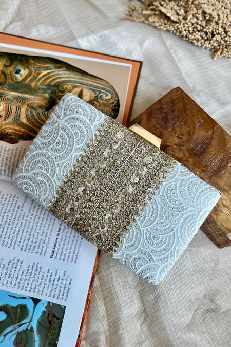 Shop Fuchsia by aashaka mehta White Sequins, Lace Glamour Embellished Clutch Online at Aza Fashions Shop_Fuchsia by aashaka mehta_White Sequins, Lace Glamour Embellished Clutch _Online_at_Aza_Fashions