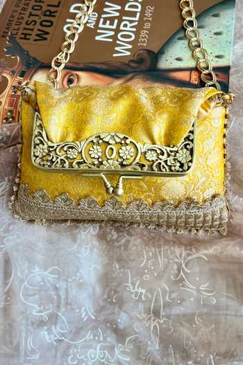 Shop Fuchsia by aashaka mehta Yellow Embroidery, Lace Silk Woven Floral Vintage Clutch Online at Aza Fashions Shop_Fuchsia by aashaka mehta_Yellow Embroidery, Lace Silk Woven Floral Vintage Clutch _Online_at_Aza_Fashions
