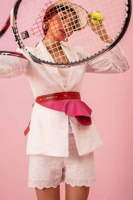 Immri_Pink Plain Leather Peplum Pocket Belt _Online_at_Aza_Fashions