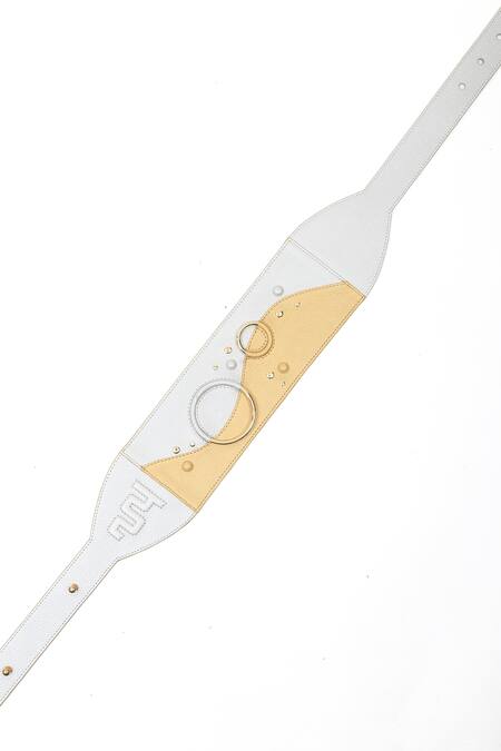 Shop_Immri_Gold Embellished And White Leather Belt _at_Aza_Fashions