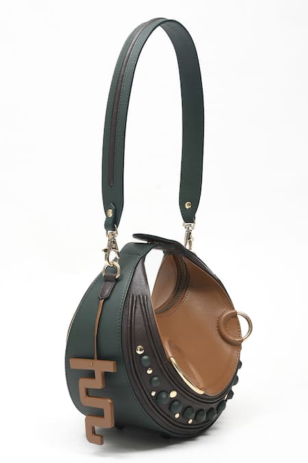 Immri Brown Embellished Loop Stud Crecent Handbag 