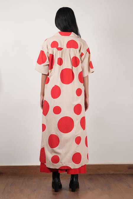 Shop_Mati_Beige Cotton Collared Polka Dot Print Tunic With Pant _at_Aza_Fashions