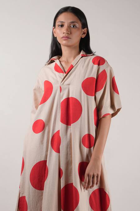 Mati_Beige Cotton Collared Polka Dot Print Tunic With Pant _Online_at_Aza_Fashions