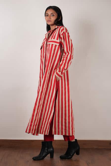 MATI_1_Beige Cotton Shawl Neck Stripe Print Tunic With Pant _Online_at_Aza_Fashions