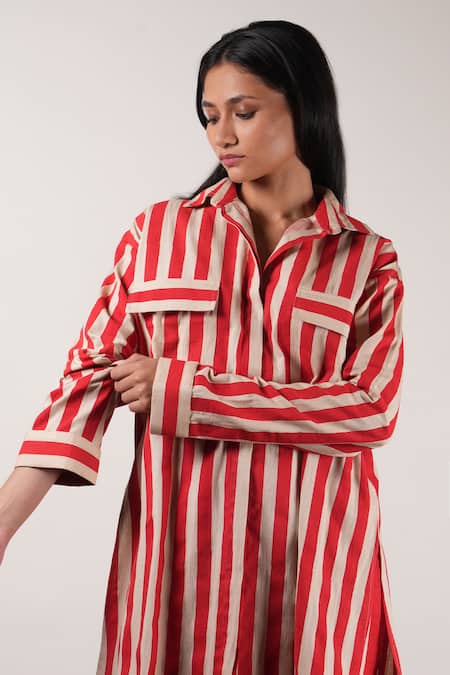 Buy_MATI_1_Beige Cotton Shawl Neck Stripe Print Tunic With Pant _Online_at_Aza_Fashions