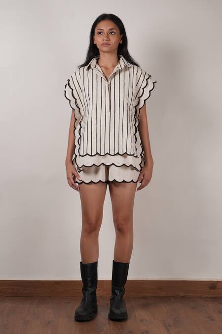 MATI_1 Off White Cotton Shawl Neck Striped Scalloped Shirt And Shorts Set Online at Aza Fashions MATI_1_Off White Cotton Shawl Neck Striped Scalloped Shirt And Shorts Set _Online_at_Aza_Fashions
