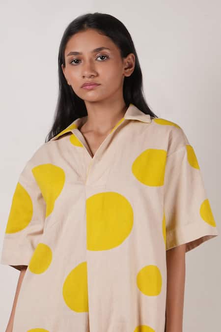 Buy MATI_1 Beige Cotton Shawl Neck Polka Dot Tunic And Flared Pant Set Online at Aza Fashions Buy_MATI_1_Beige Cotton Shawl Neck Polka Dot Tunic And Flared Pant Set _Online_at_Aza_Fashions