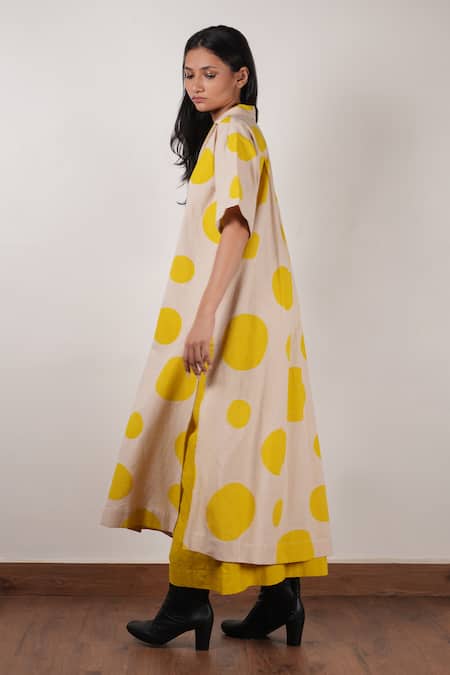 Shop MATI_1 Beige Cotton Shawl Neck Polka Dot Tunic And Flared Pant Set Online at Aza Fashions Shop_MATI_1_Beige Cotton Shawl Neck Polka Dot Tunic And Flared Pant Set _Online_at_Aza_Fashions