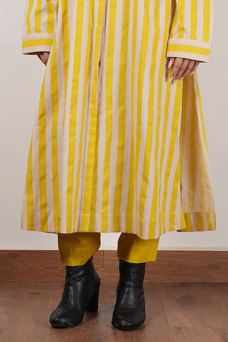 MATI_1_Beige Cotton Collared Stripe Pattern Tunic With Pant _Online_at_Aza_Fashions