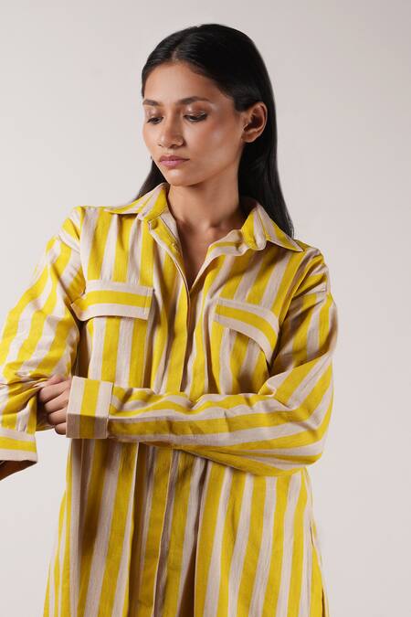 Buy_MATI_1_Beige Cotton Collared Stripe Pattern Tunic With Pant _Online_at_Aza_Fashions