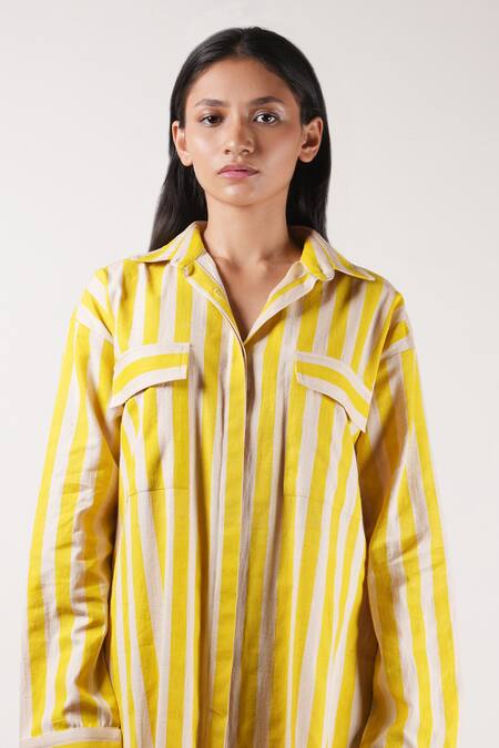 MATI_1_Beige Cotton Collared Stripe Pattern Tunic With Pant _at_Aza_Fashions