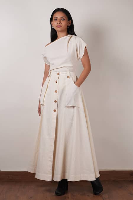 Buy_MATI_Off White Cotton One Shoulder Plain Top With Skirt _Online_at_Aza_Fashions