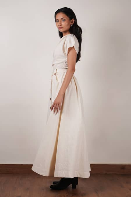 Shop_MATI_Off White Cotton One Shoulder Plain Top With Skirt _Online_at_Aza_Fashions