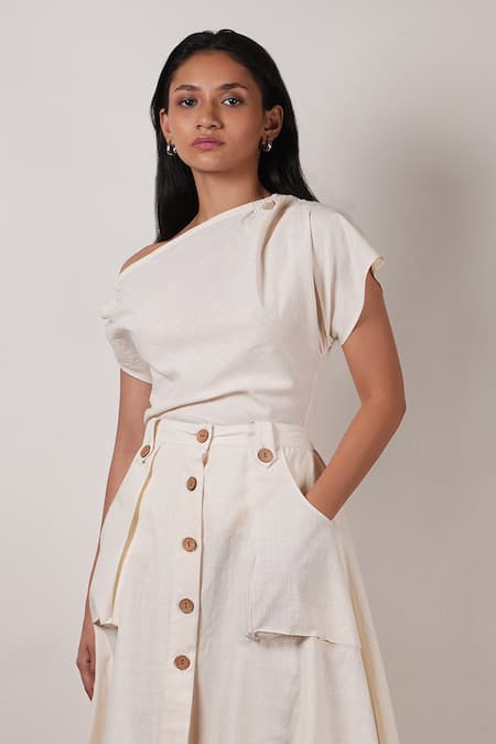 MATI_Off White Cotton One Shoulder Plain Top With Skirt _at_Aza_Fashions