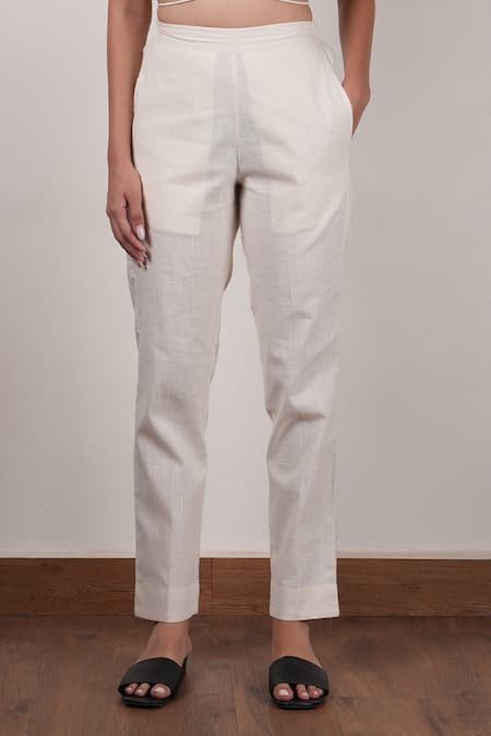 MATI_Off White Cotton Halter Neck Plain Bralette And Straight Pant Set _Online_at_Aza_Fashions