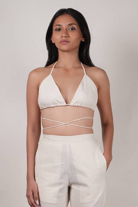 Buy_MATI_Off White Cotton Halter Neck Plain Bralette And Straight Pant Set _Online_at_Aza_Fashions