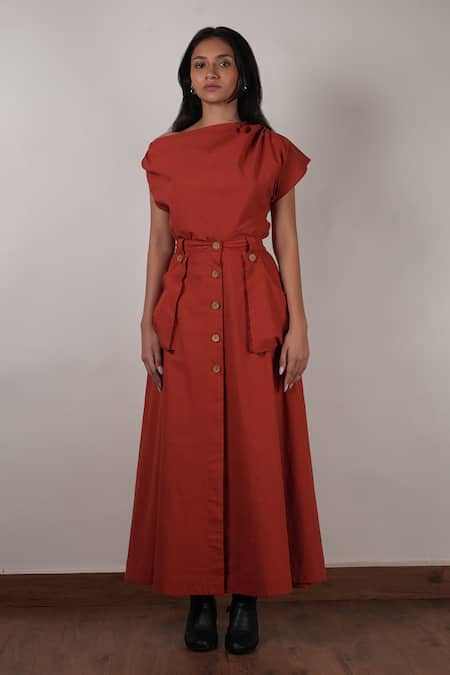 MATI_1 Orange Cotton One Shoulder Solid Top With Skirt Online at Aza Fashions MATI_1_Orange Cotton One Shoulder Solid Top With Skirt _Online_at_Aza_Fashions